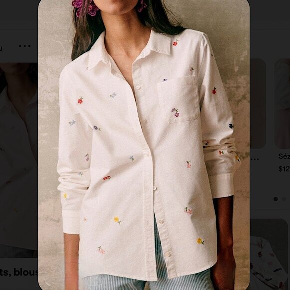 SEZANE Tomboy Embroidered Flower Linen Shirt Button Up White - Picture 3 of 12